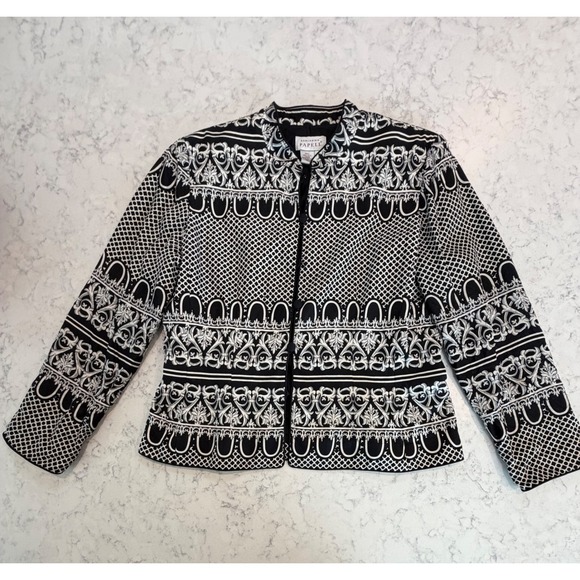 Adrianna Papell Jackets & Blazers - Adrianna Papell Silk Jacket Black White Baroque Sequin Blazer Size 14 Formal
